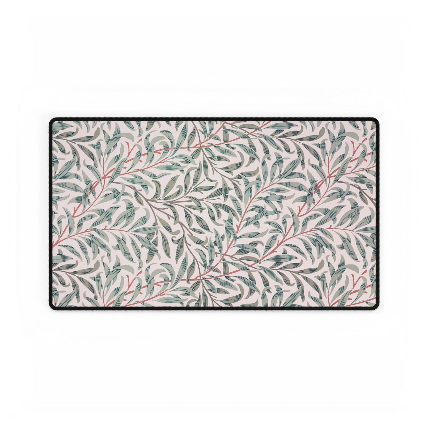 Floral patterned rug with green leaves and red stems on a light background