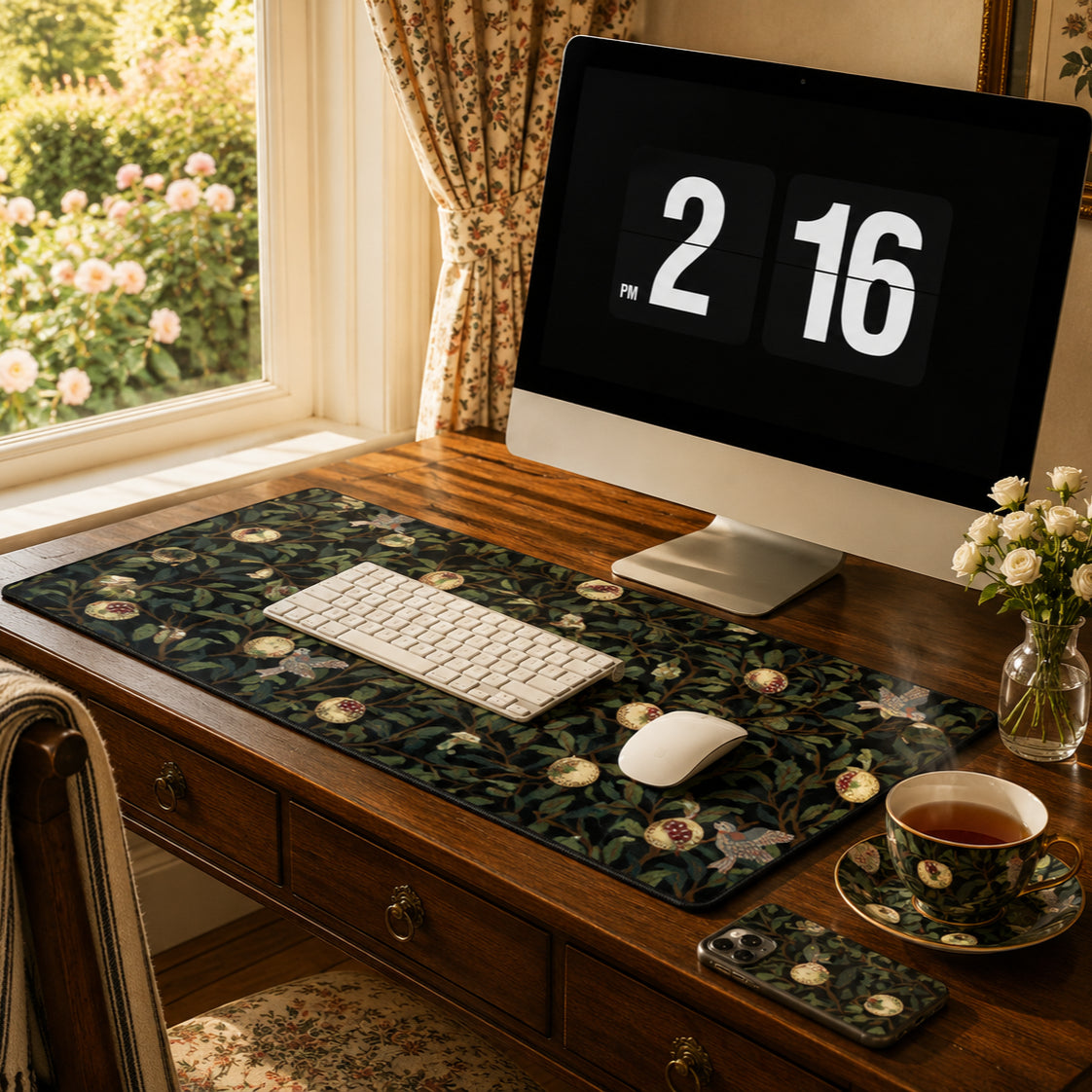 Desk Mat by William Morris & Co in a pattern called Bird and Pomegranate Collection (Onyx)