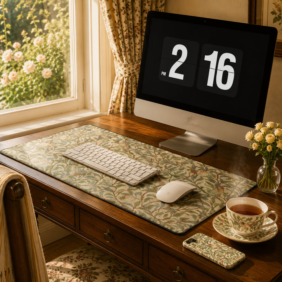 Desk Mat inspired by William Morris & Co in a pattern called Bird and Pomegranate Collection (Parchment)