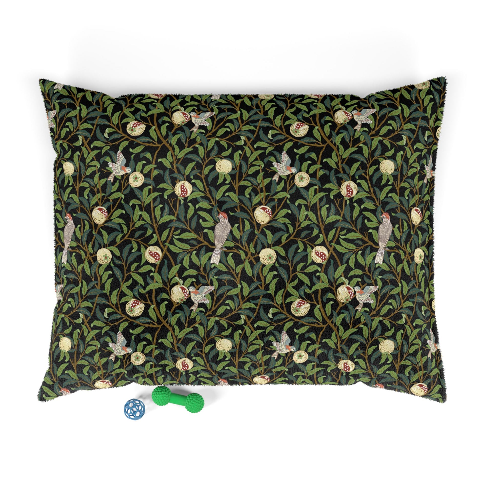 Decorative pillow with nature-themed pattern on a white background