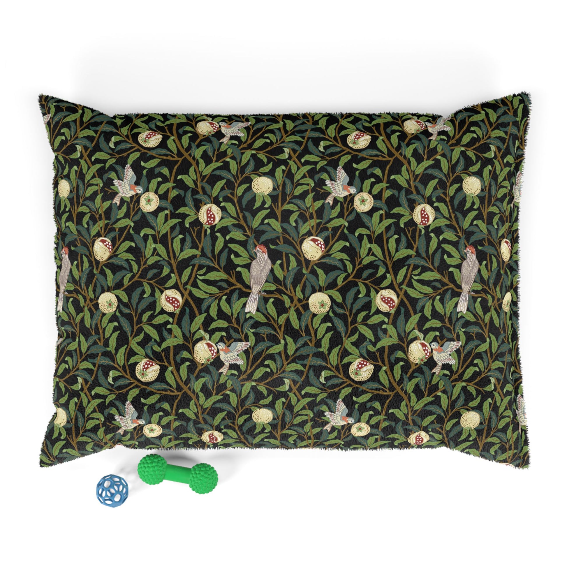 Decorative dog pillow with nature-themed William Morris & Co pattern on a white background