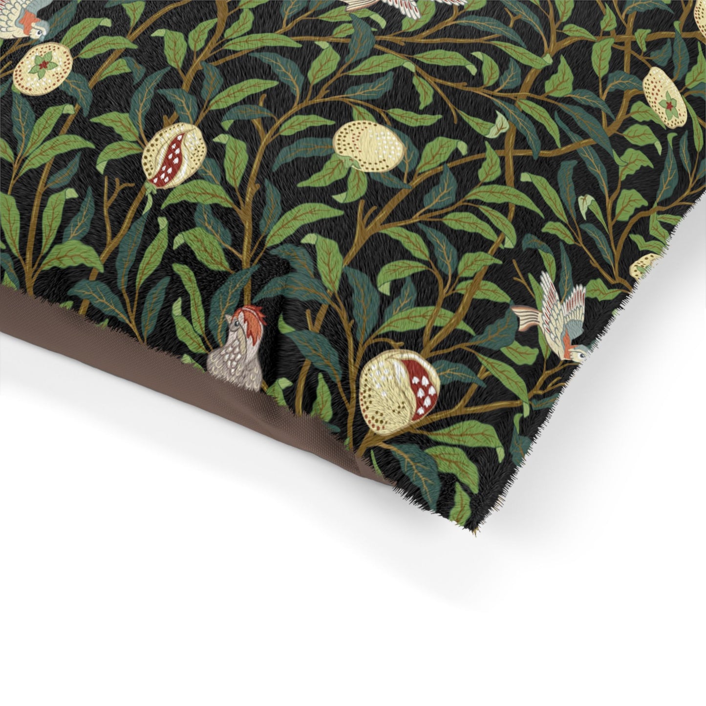 Decorative fabric with nature-themed pattern featuring leaves, fruits, and birds on a black background.