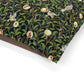Fabric with a pattern of birds, flowers, and leaves on a black background