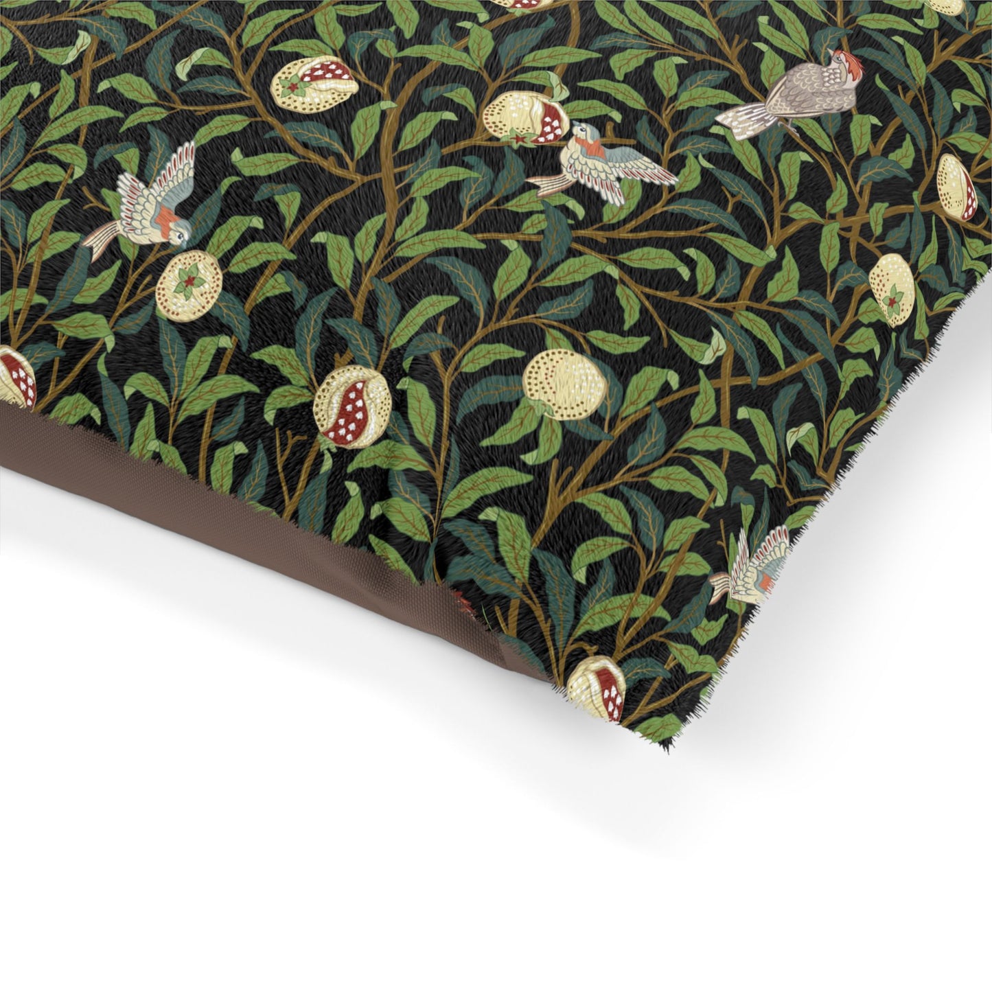 Fabric with a pattern of birds, flowers, and leaves on a black background