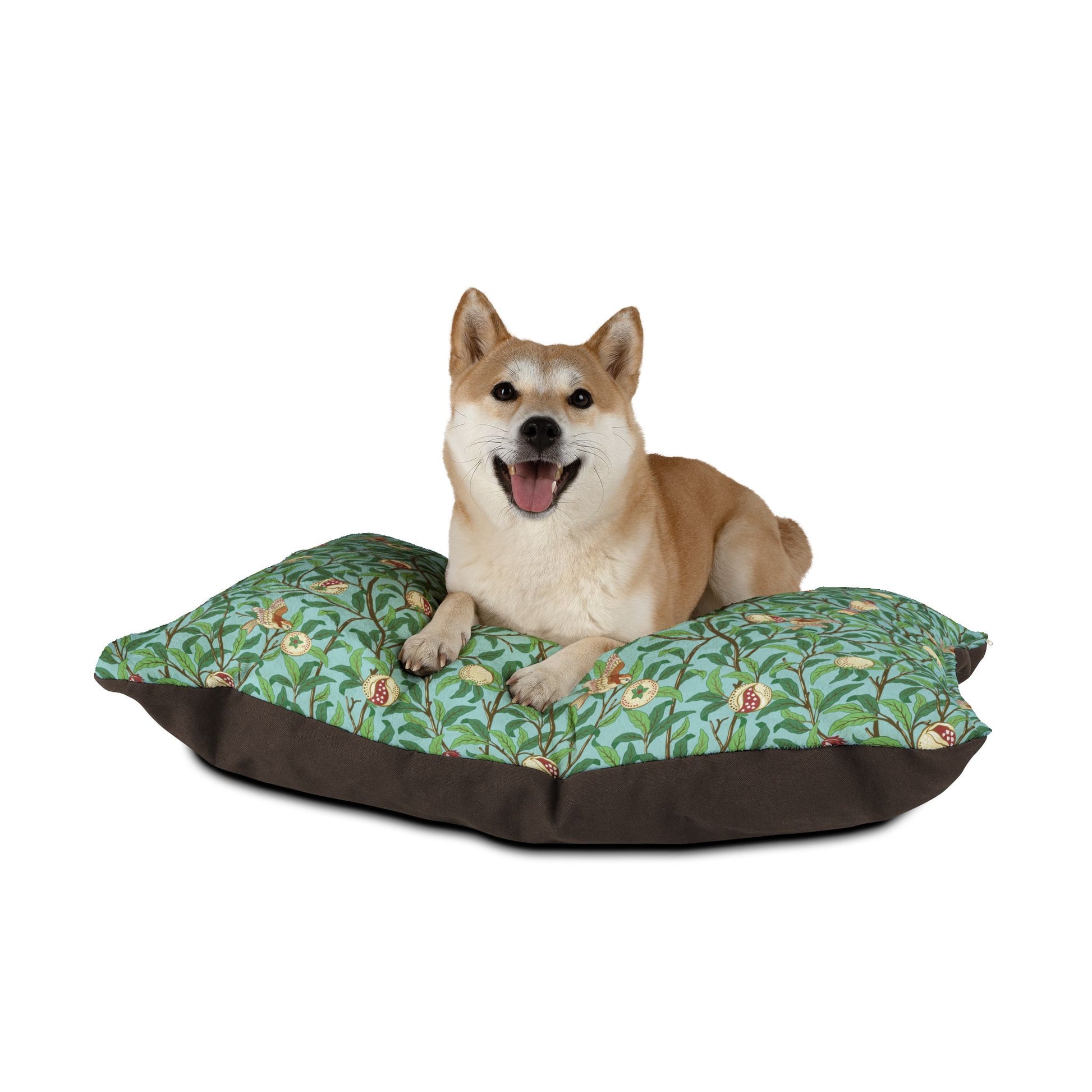 Dog sitting on a William Morris & Co floral-patterned pet bed with a white background