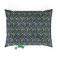 Floral patterned pet bed with dice and toy on a white background