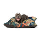 Dog lying on a colorful floral-patterned pet bed with a white background