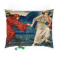 Decorative pillow with classical scene of two figures reaching out, on a white background.