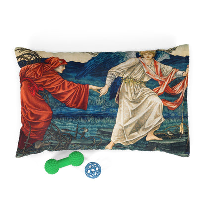 Decorative pillow with classical painting design and two dog toys on a white background