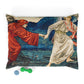 Decorative pillow with classical scene of two figures holding hands on a white background