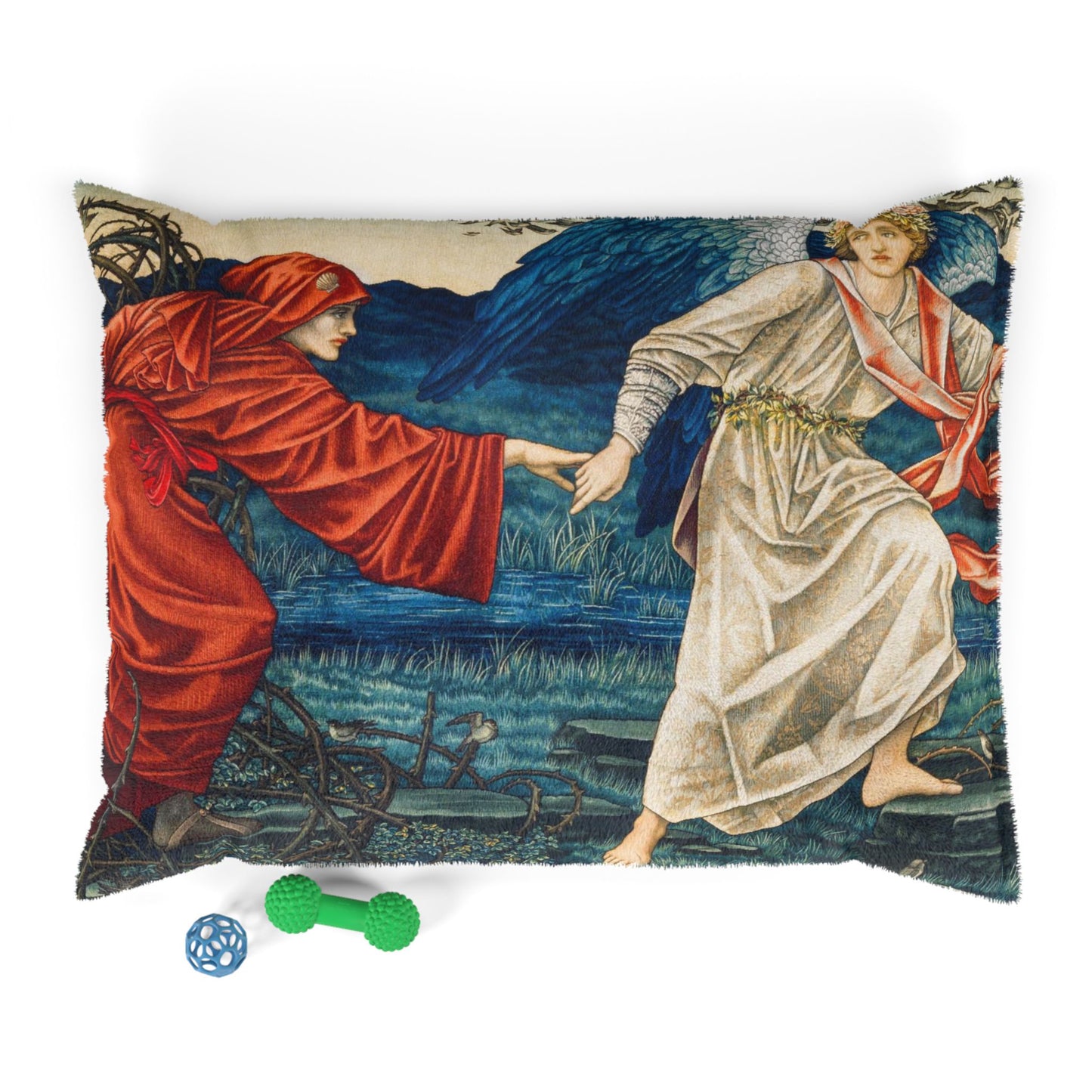 Decorative pillow with classical scene of two figures holding hands on a white background