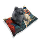 Dog sitting on a decorative pillow with classical painting design