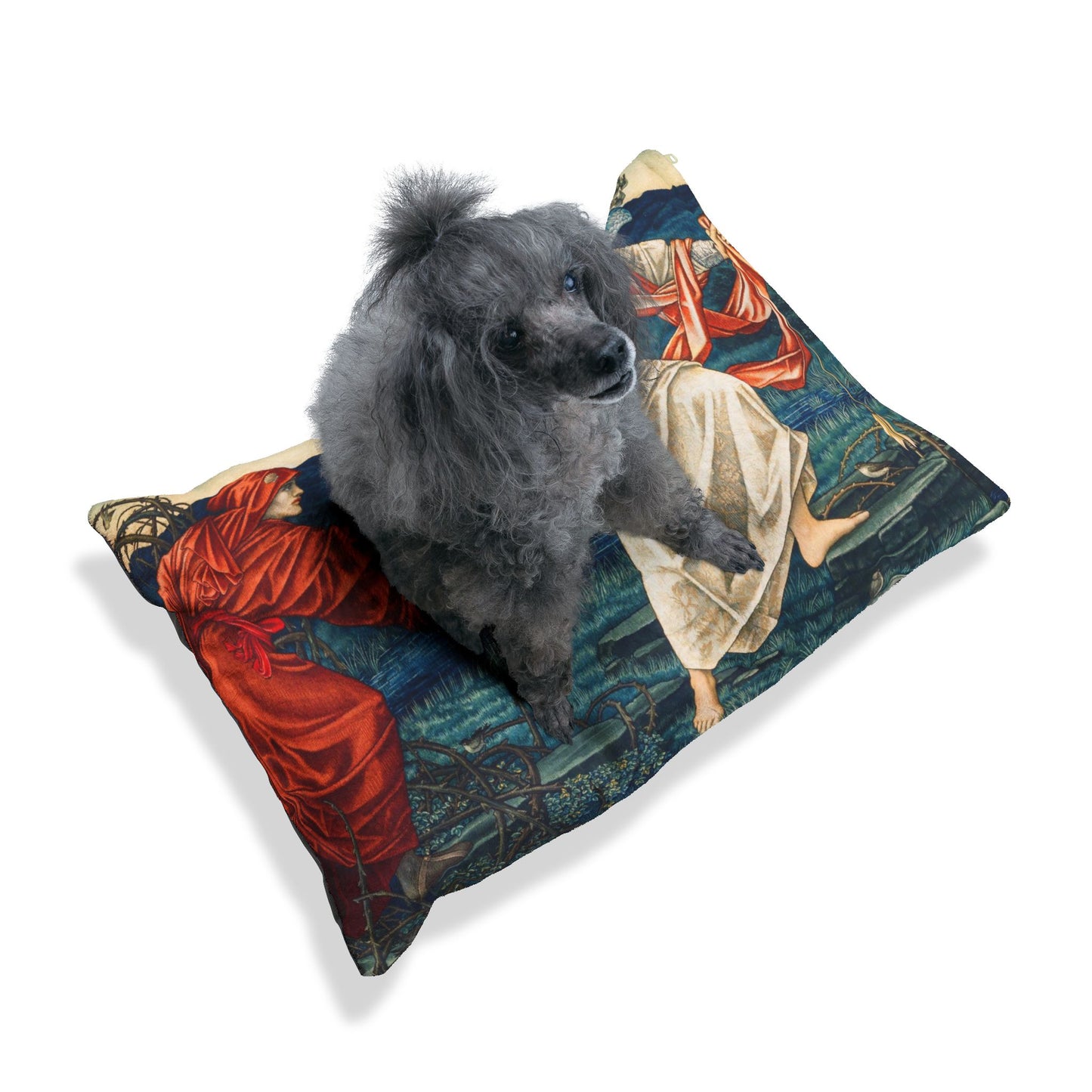 Dog sitting on a decorative pillow with classical painting design