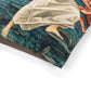 Close-up of a tapestry with a person in classical attire and nature elements.