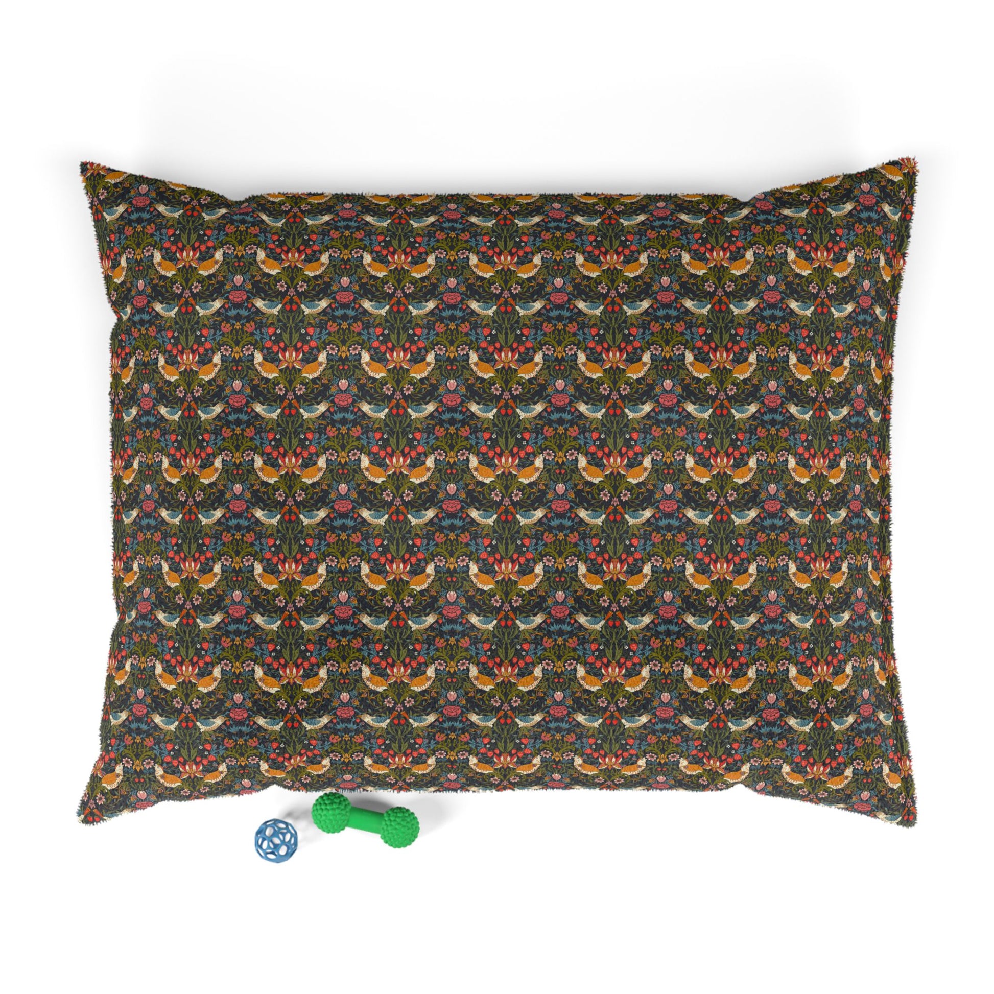 Patterned dog bed with decorative design on a white background