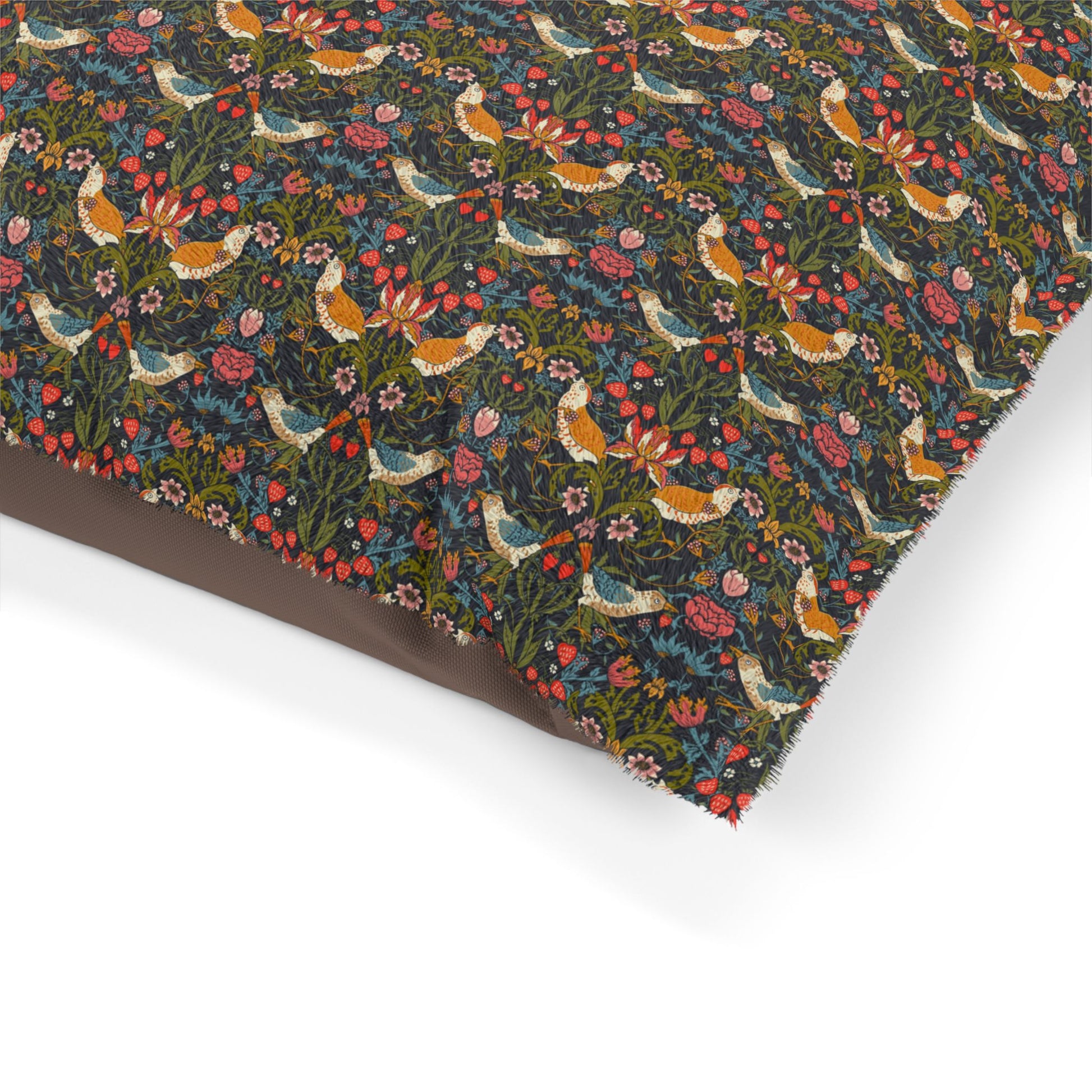 Fabric with a floral and bird pattern on a white background
