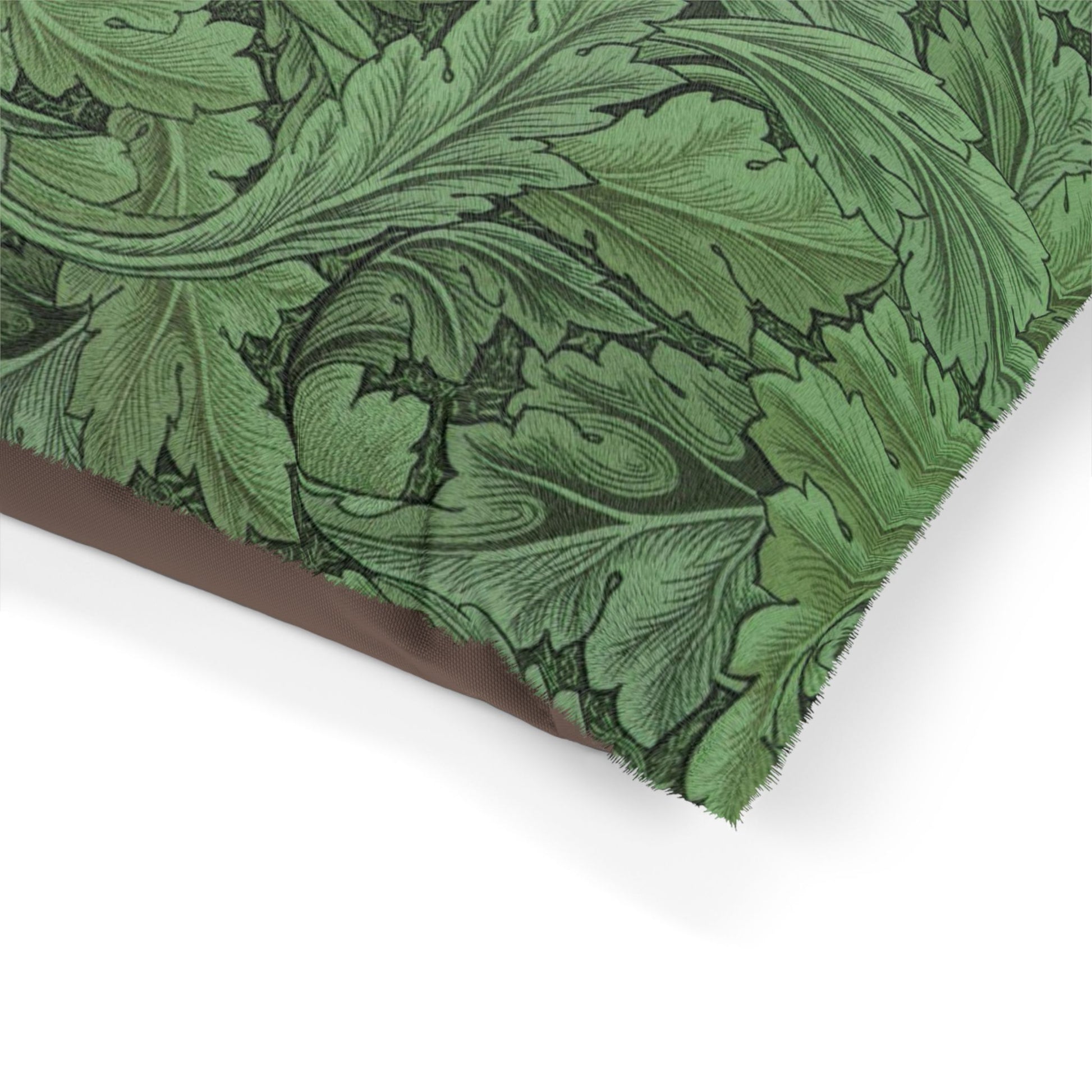 Close-up of green leafy patterned fabric with a brown border on a white background
