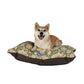 Dog sitting on a William Morris & Co patterned dog bed with a white background