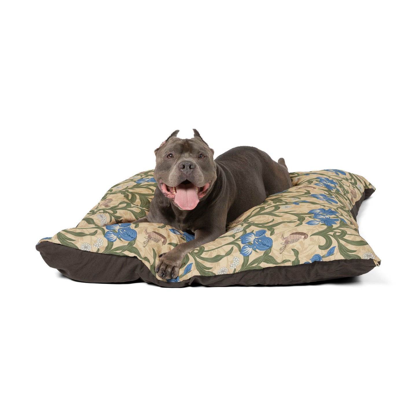 Dog lying on a William Morris & Co floral-patterned pet bed with a white background