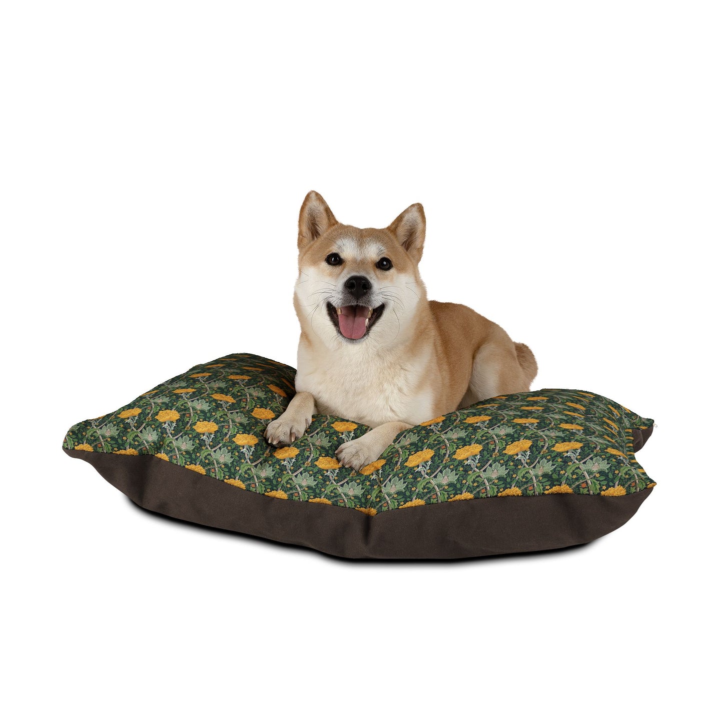 Dog lying on a patterned dog bed with a white background