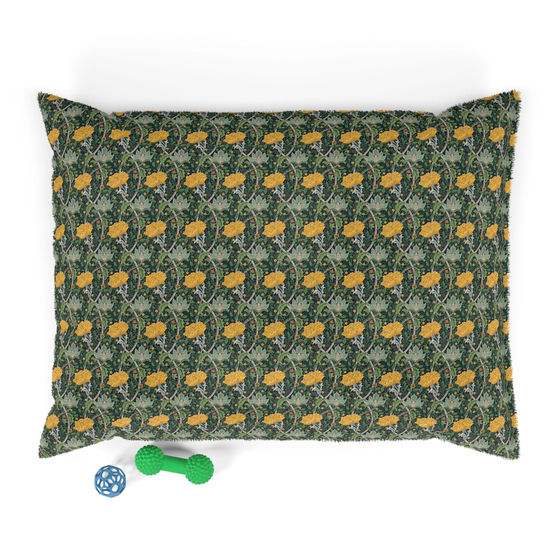 Decorative pillow with yellow floral pattern on a white background