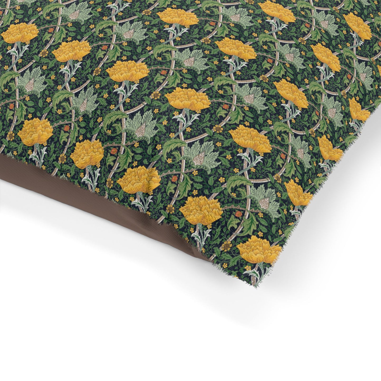 Fabric with a floral pattern featuring yellow flowers and green leaves on a white background