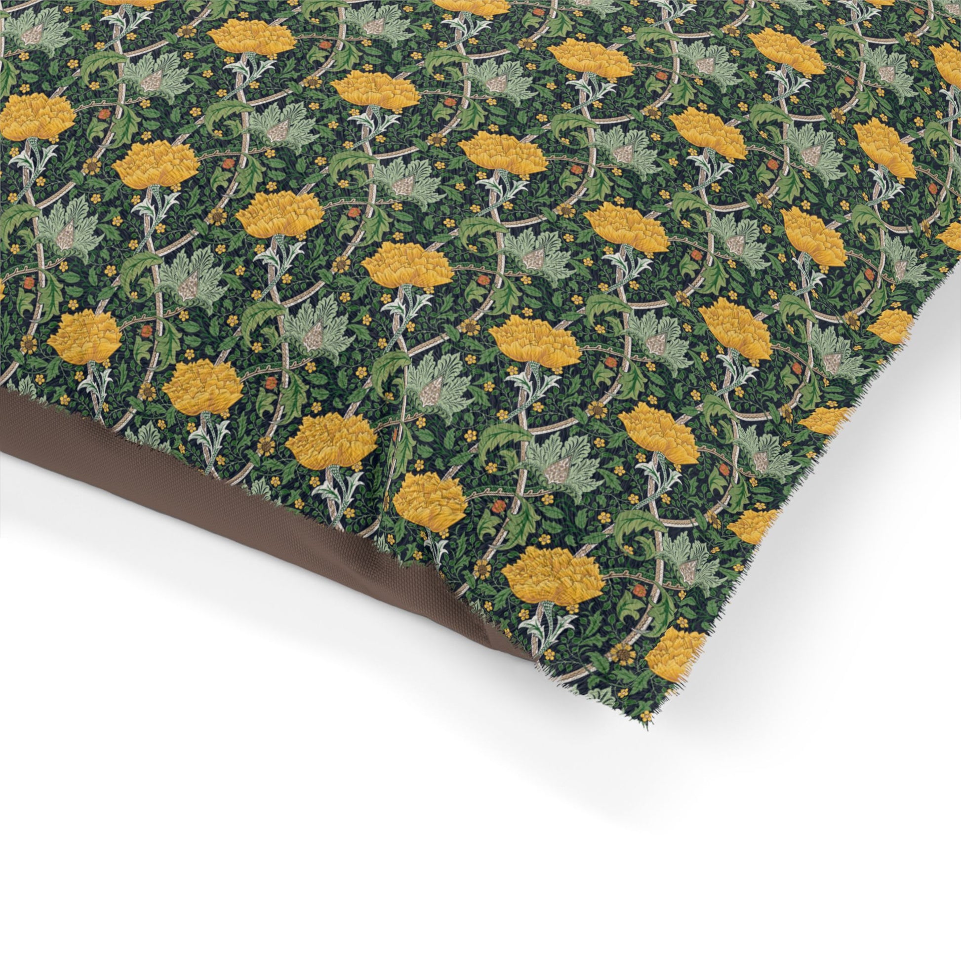 Fabric with a floral pattern featuring yellow flowers and green leaves on a white background