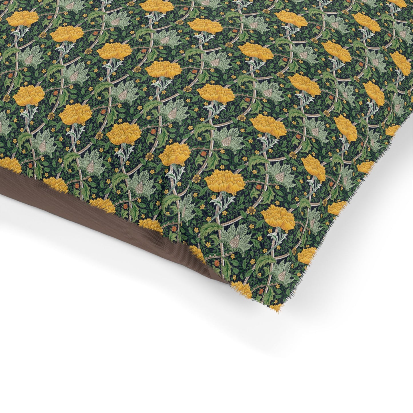 Fabric with a floral pattern featuring yellow flowers and green leaves on a white background