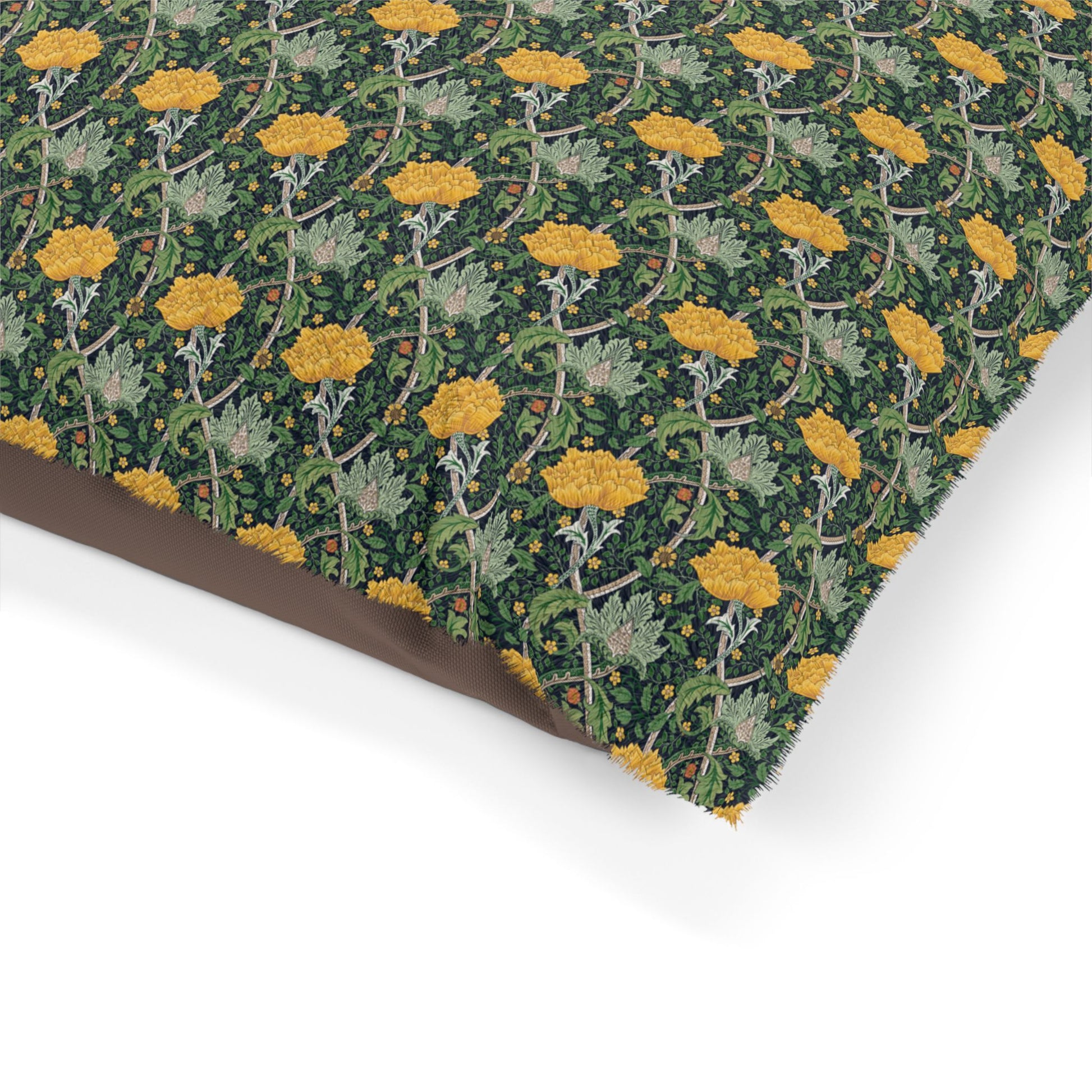 Fabric with a floral pattern featuring yellow flowers and green leaves on a white background