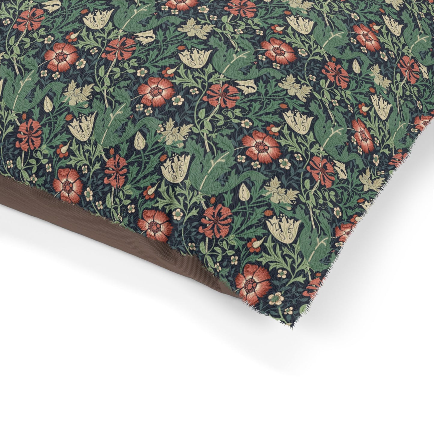 Floral patterned fabric with red, white, and green colors on a white background