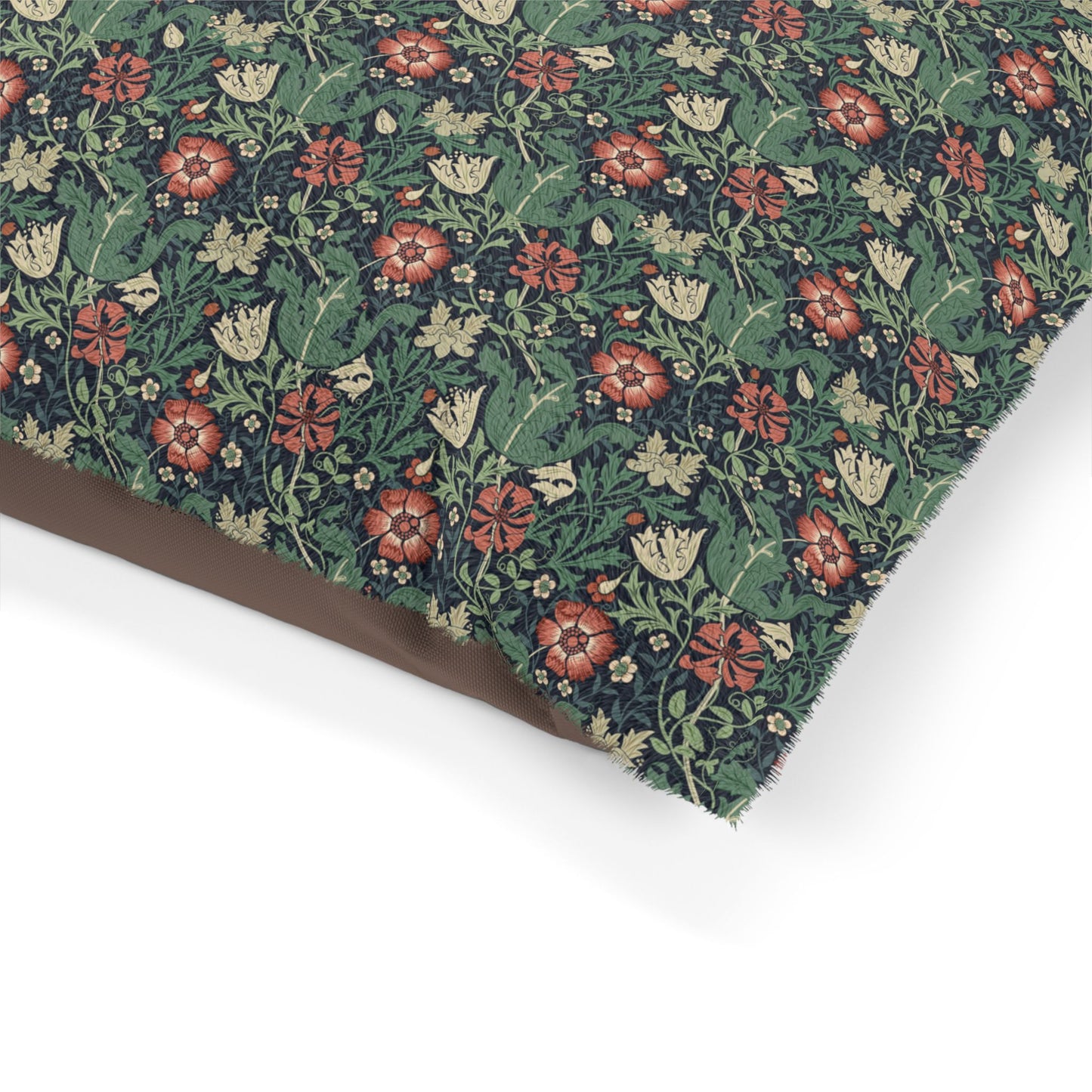 Floral patterned fabric with red and white flowers on a green background