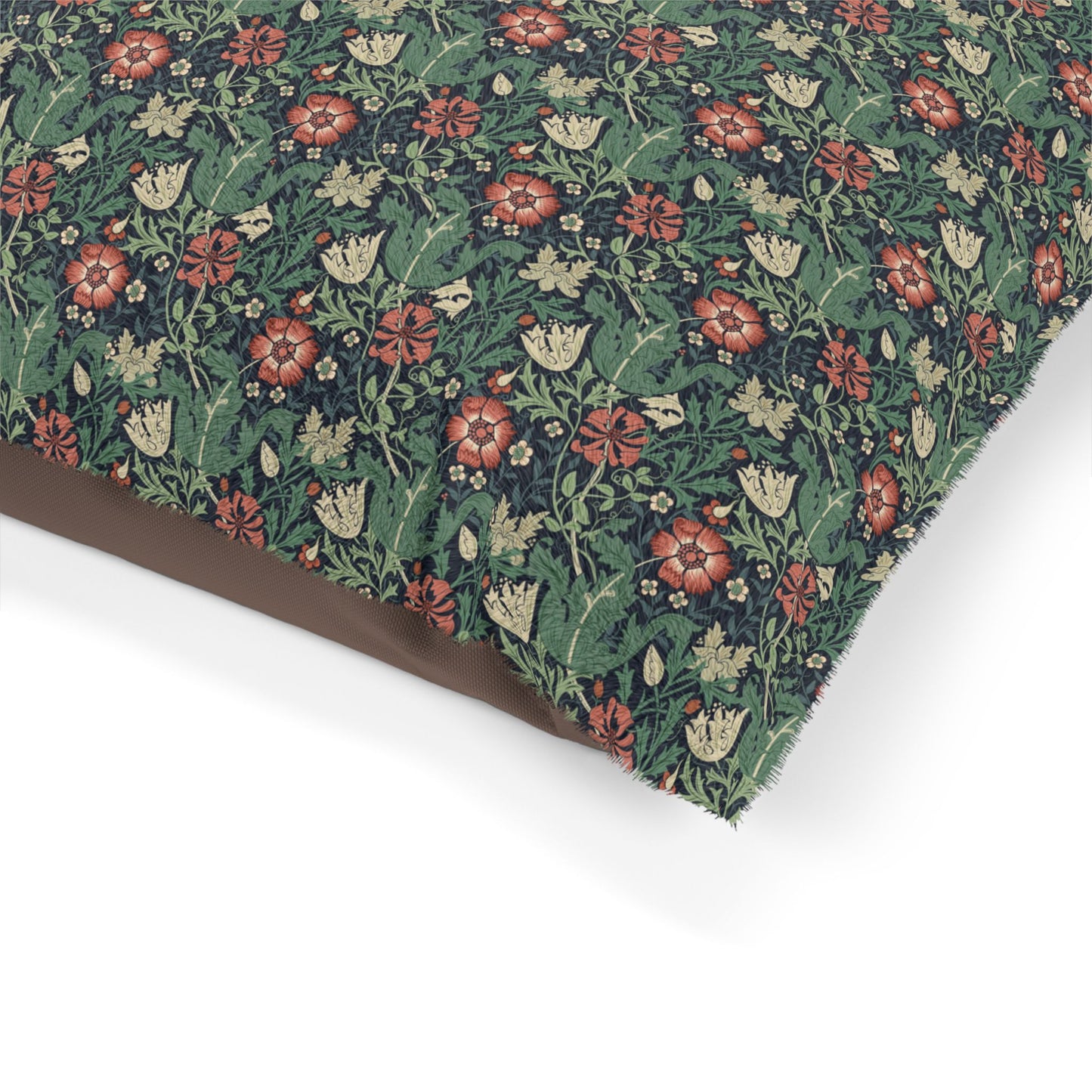 Floral patterned fabric with red, white, and green colors on a white background