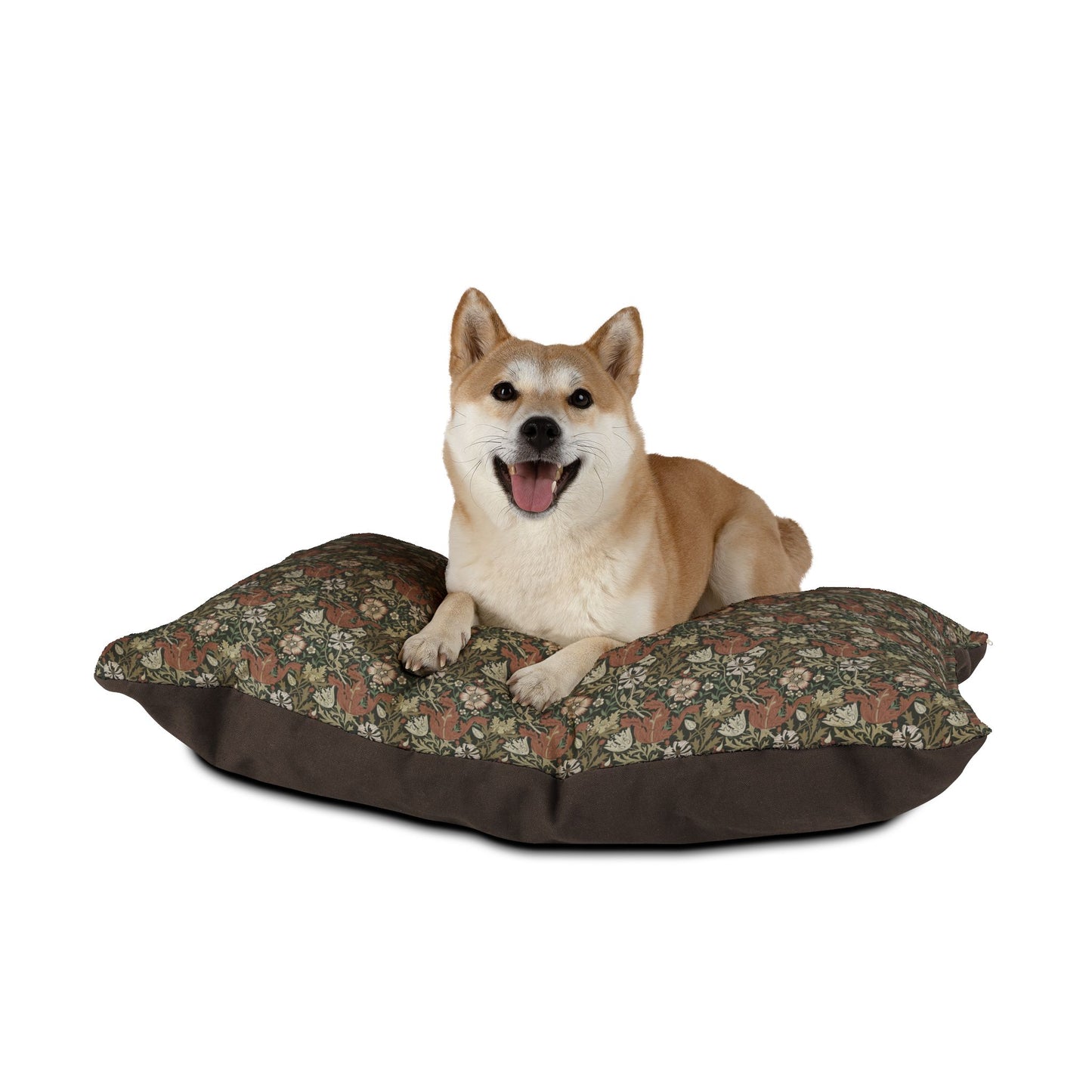 Dog lying on a floral-patterned dog bed with a brown border