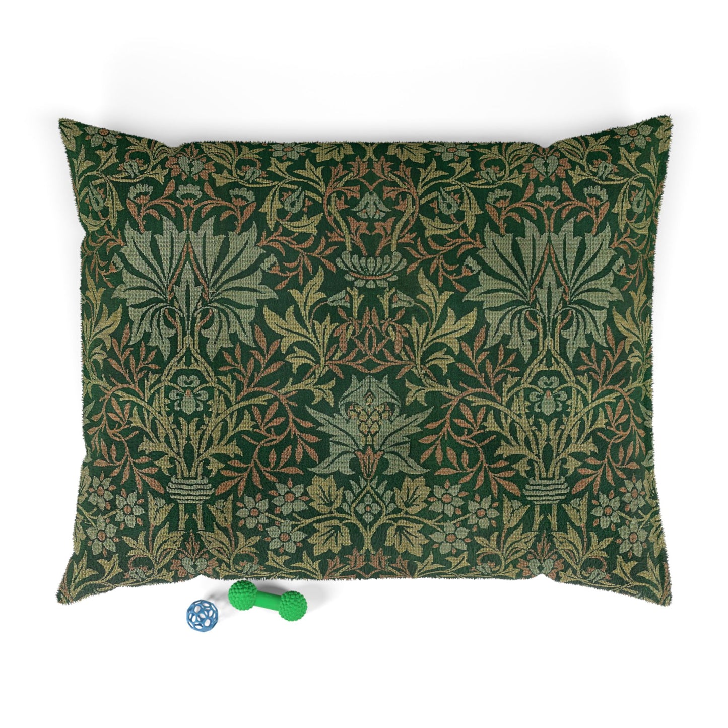 Decorative green pillow with intricate patterns on a white background