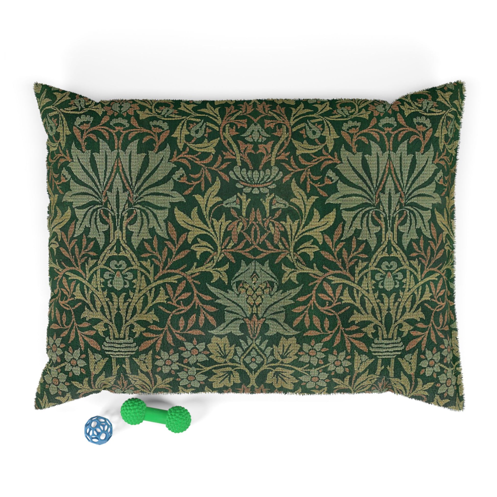 Decorative pillow with a green and brown pattern on a white background