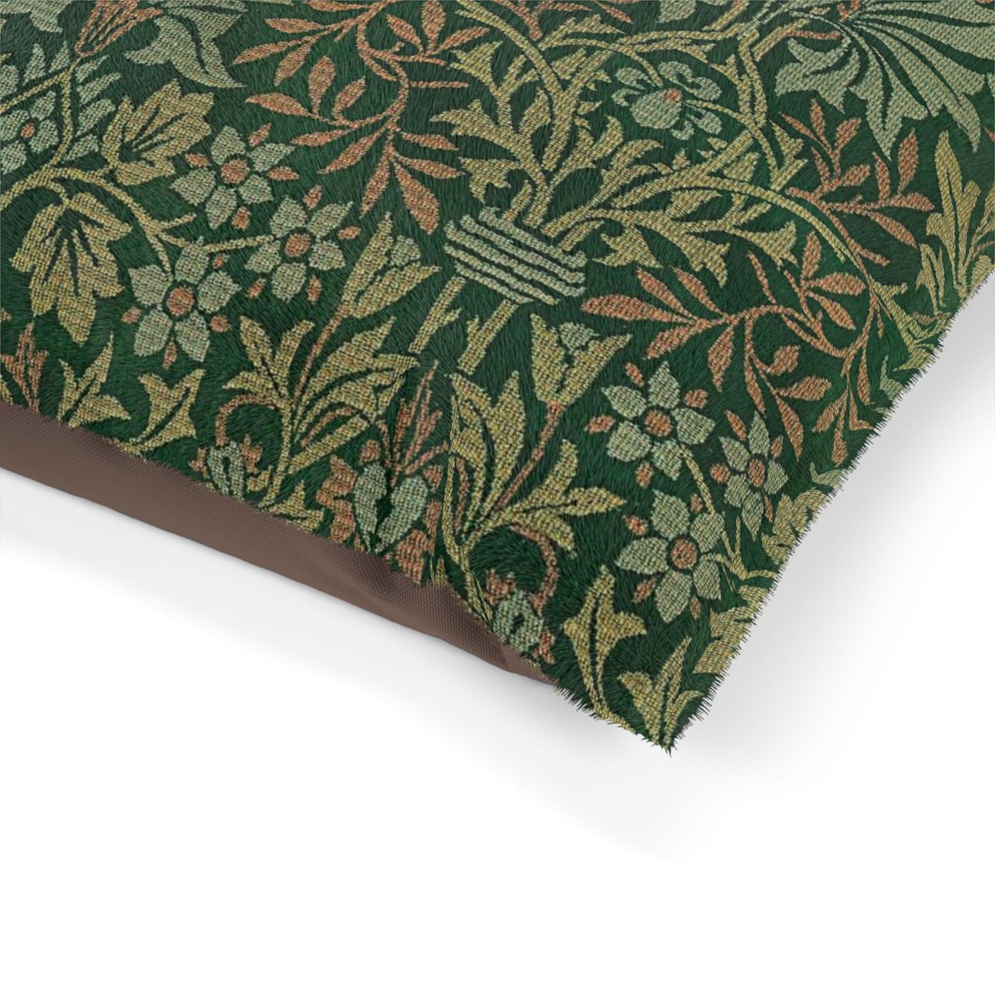 Close-up of green floral patterned fabric on a white background