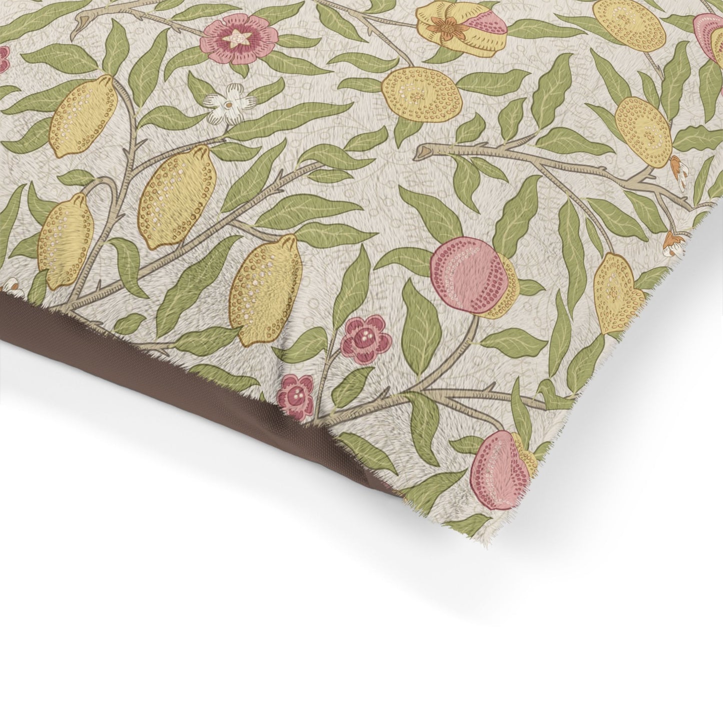 Fabric with a floral and fruit pattern on a white background