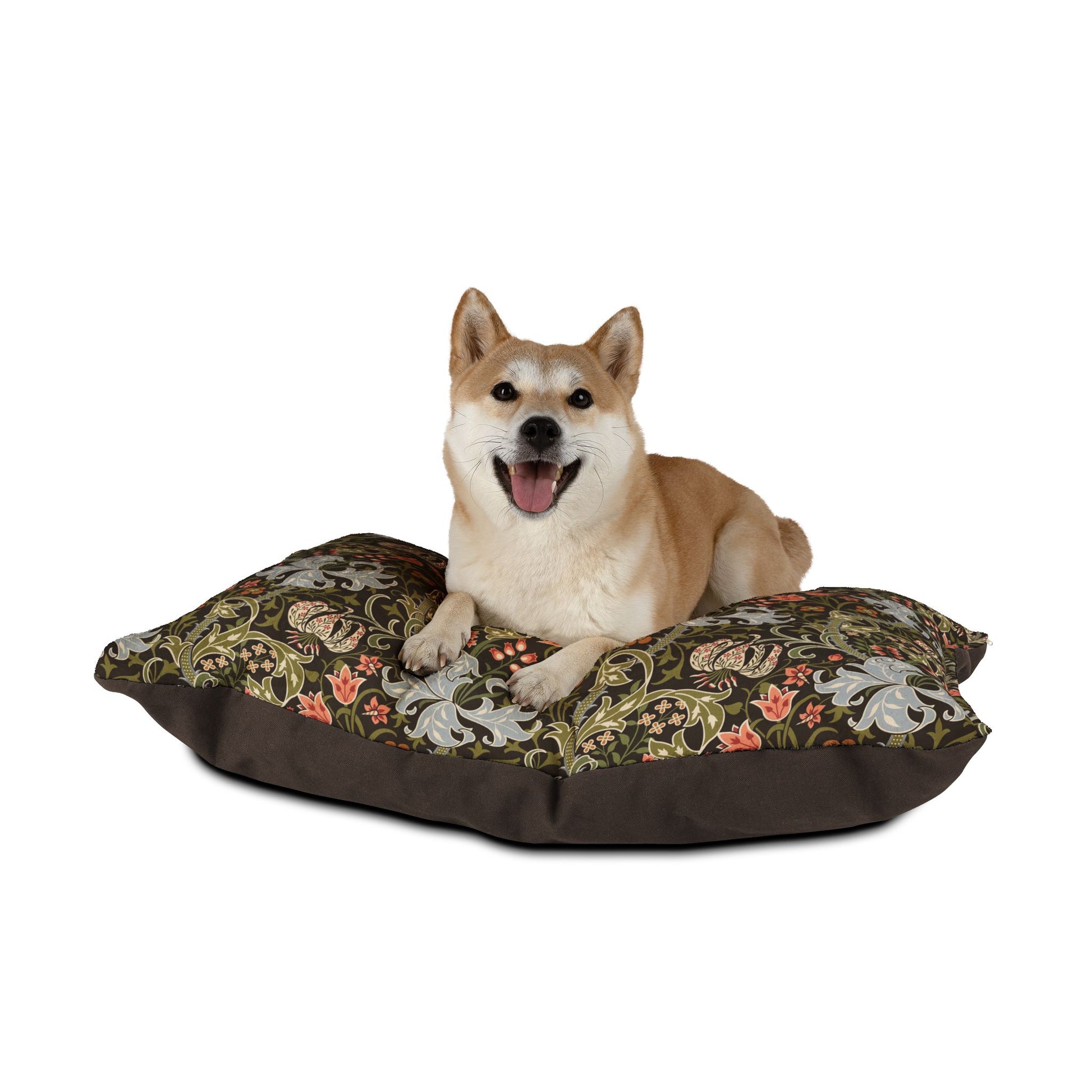 Dog sitting on a floral-patterned dog bed with a white background
