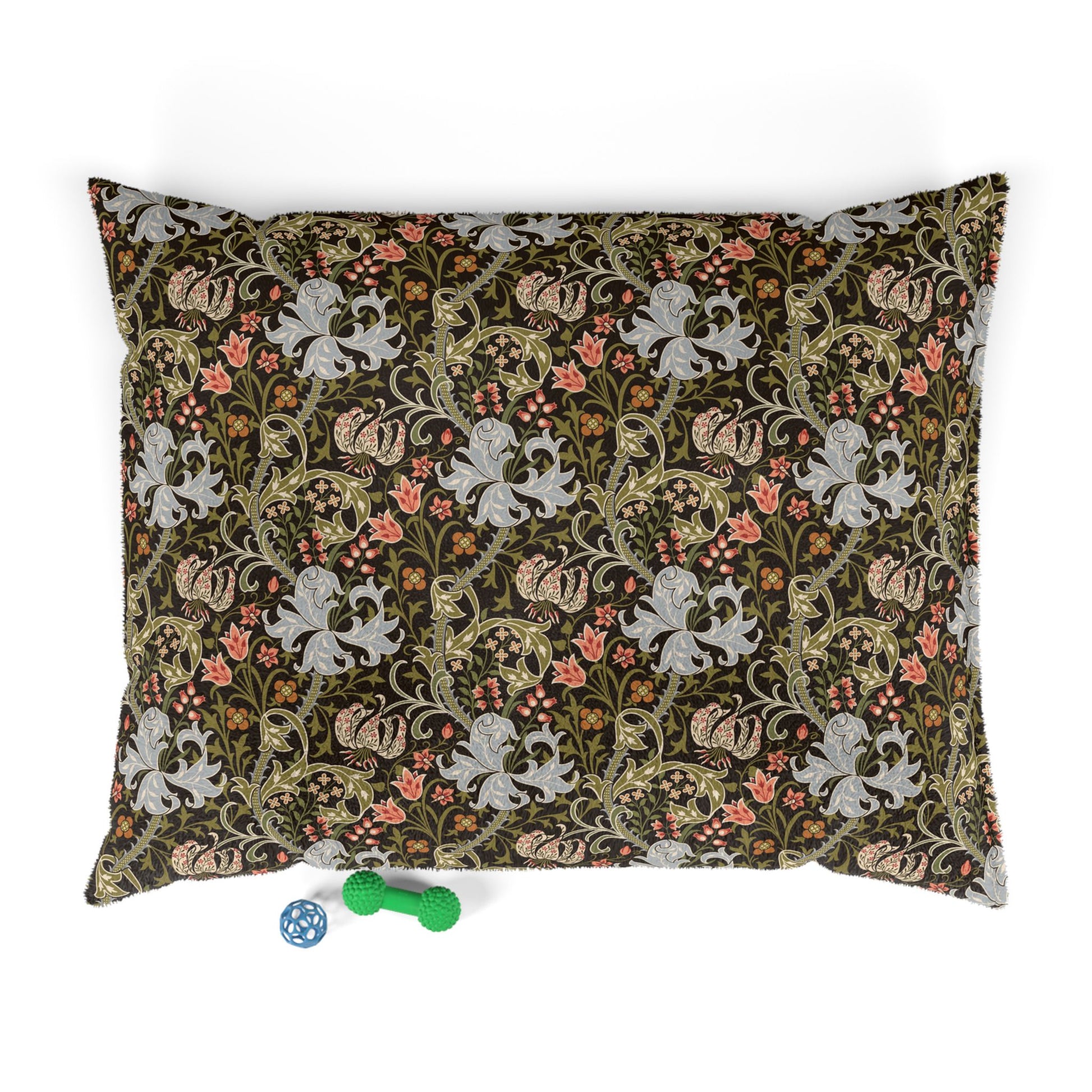 Decorative pillow with floral and animal pattern on a white background