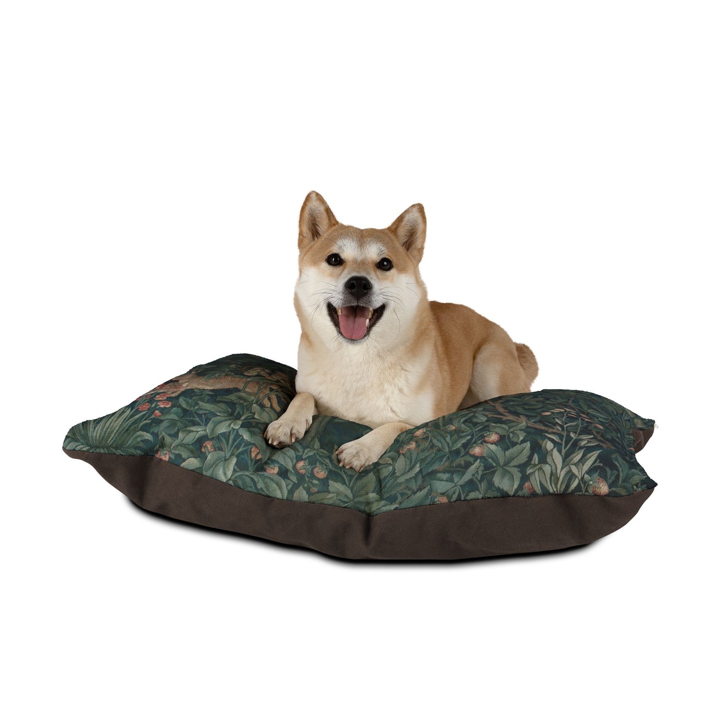 Dog sitting on a camouflage-patterned dog bed with a white background