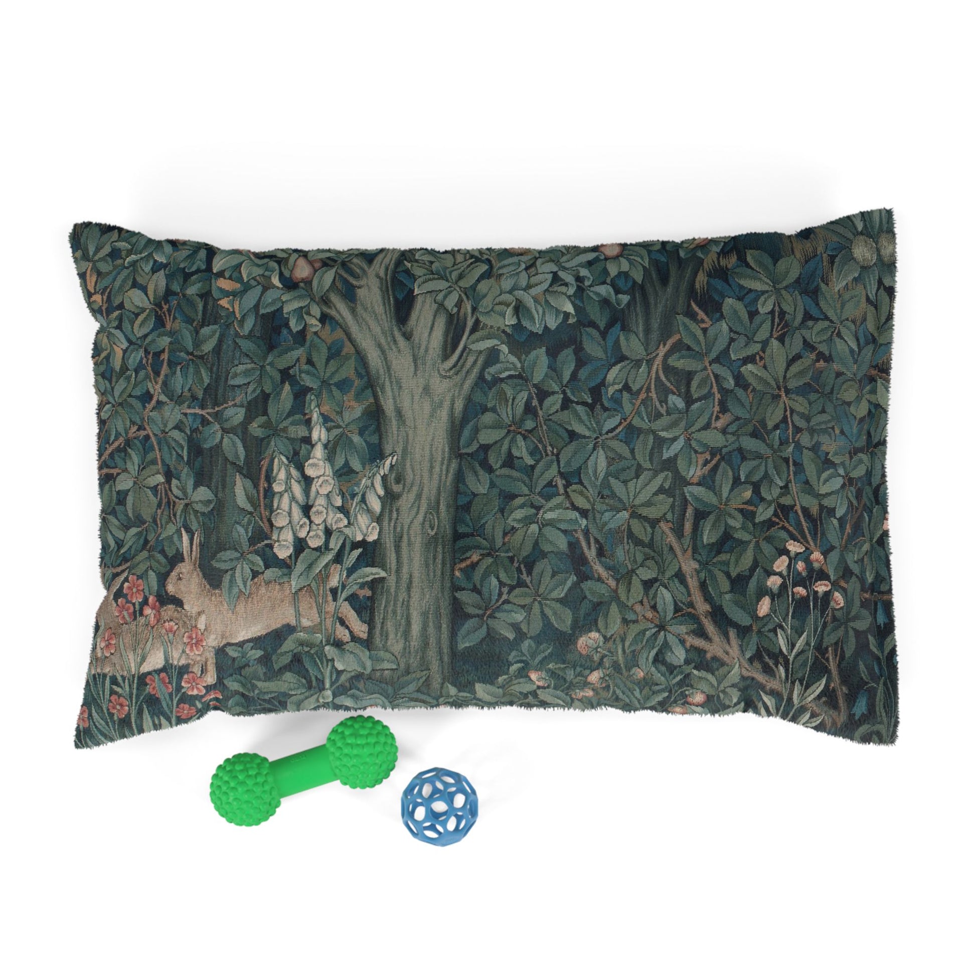 Decorative pillow with nature-themed design and two pet toys on a white background