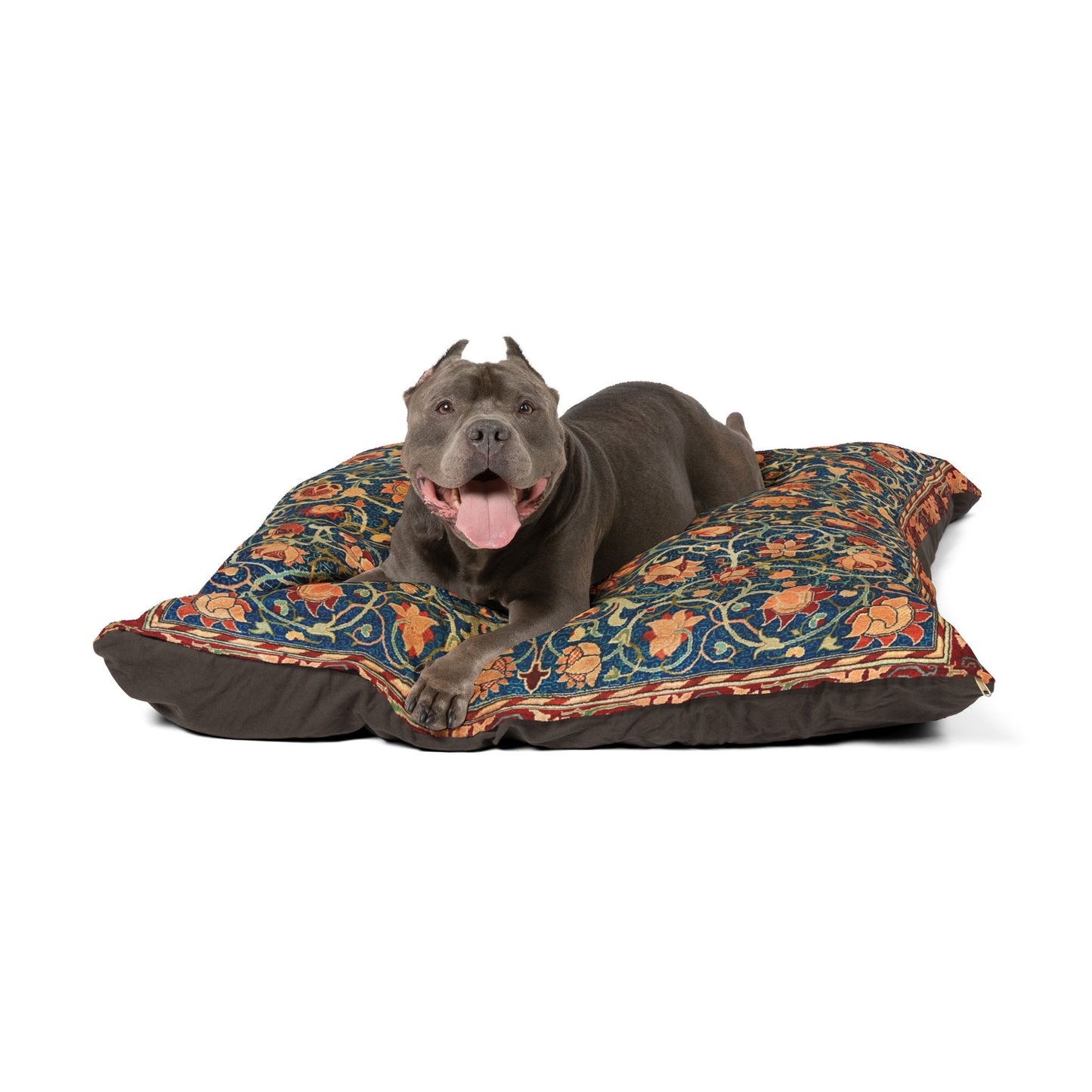 Dog lying on a decorative pet bed with a white background