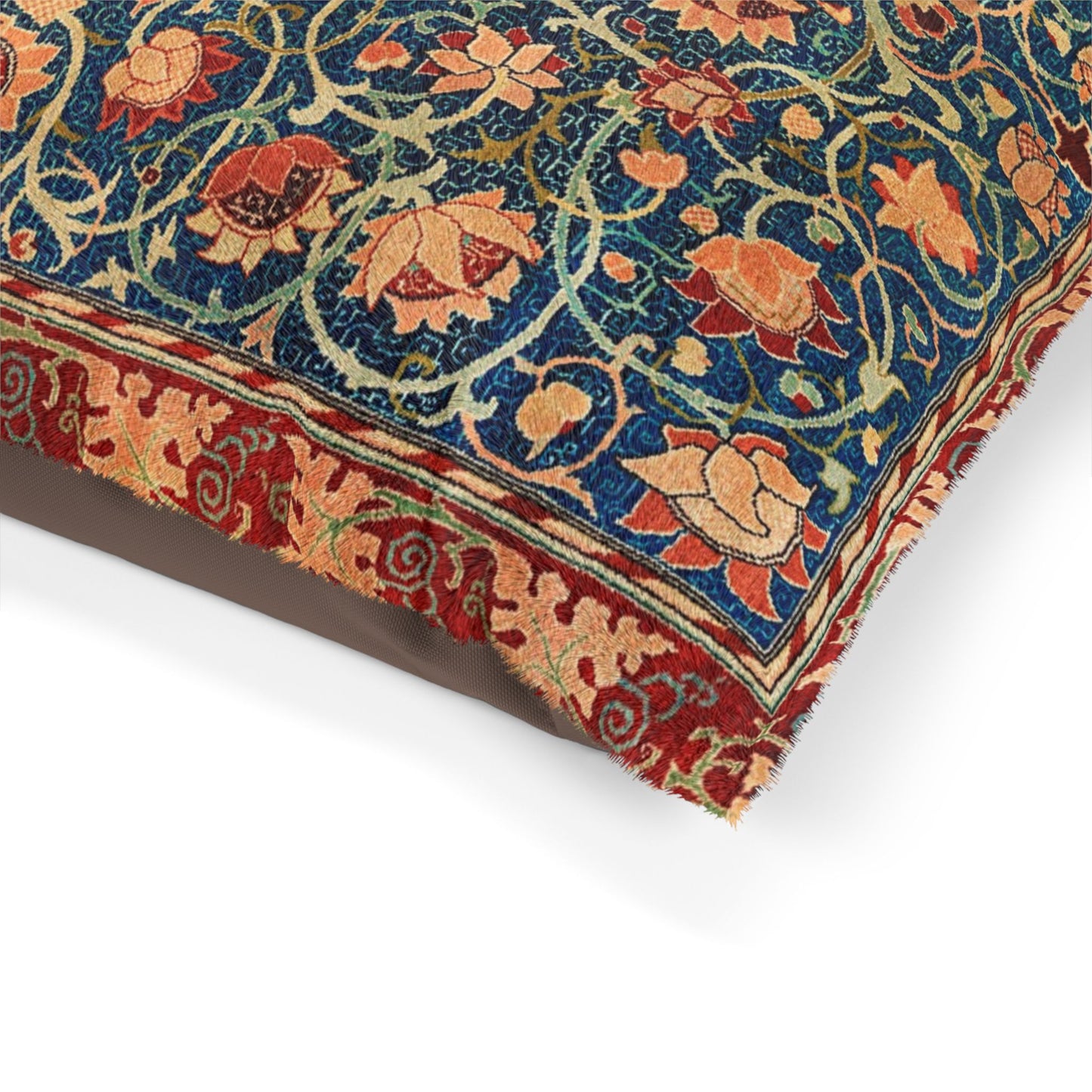 Close-up of a patterned fabric with floral designs on a white background