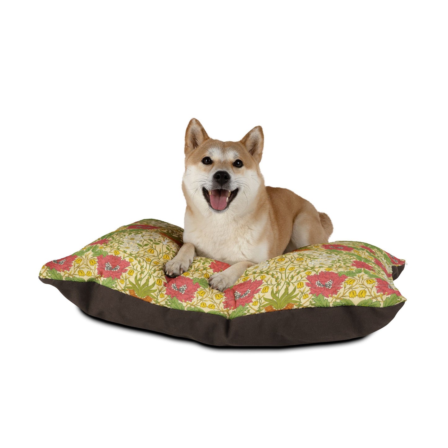 Dog sitting on a floral-patterned dog bed with a white background