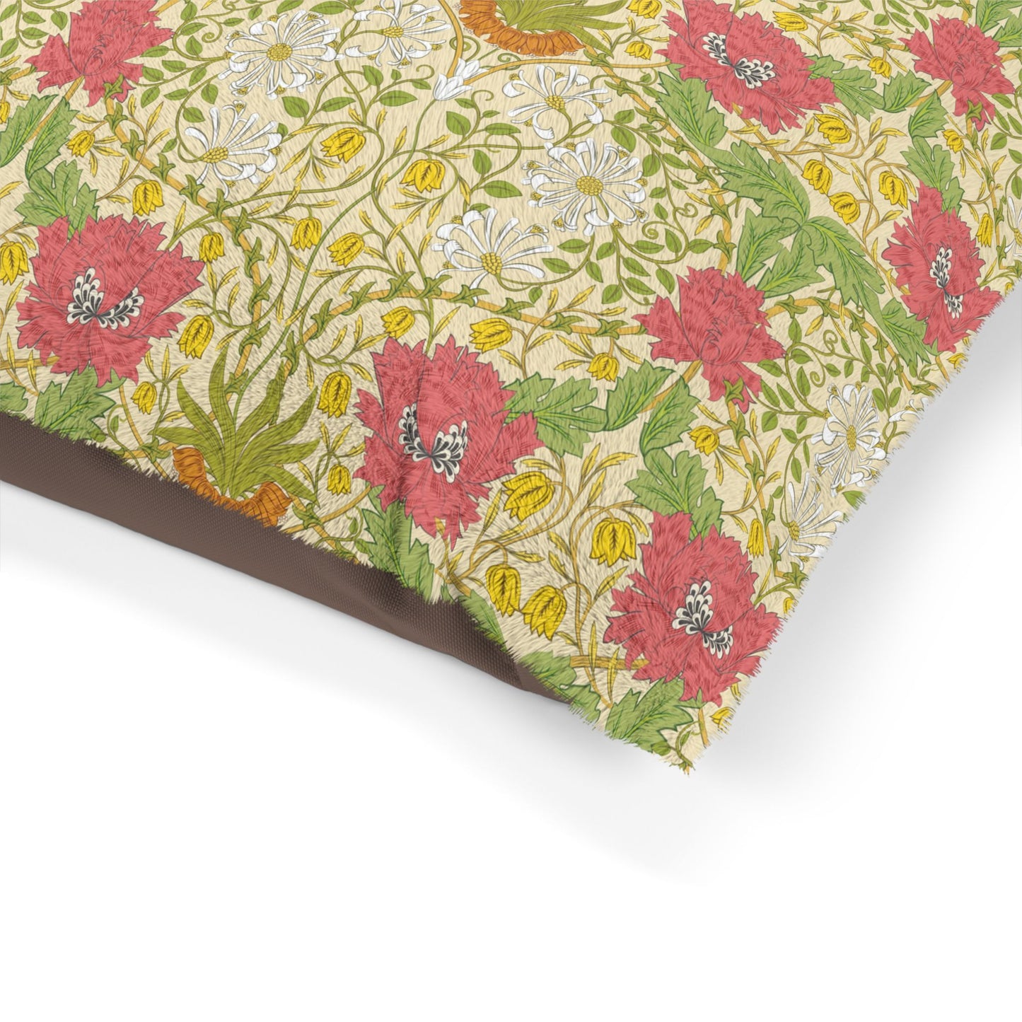 Floral patterned fabric with pink flowers and green leaves on a white background