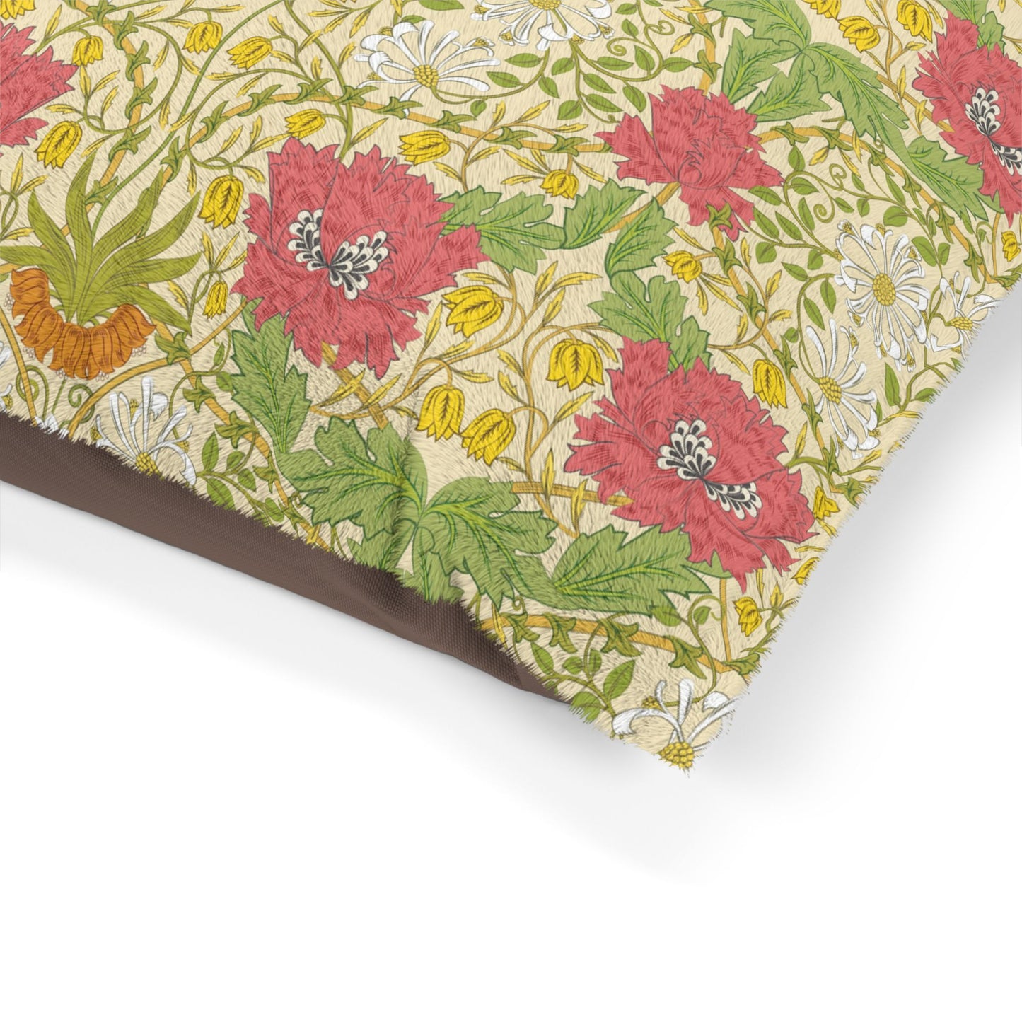 Floral patterned fabric with pink flowers and green leaves on a beige background