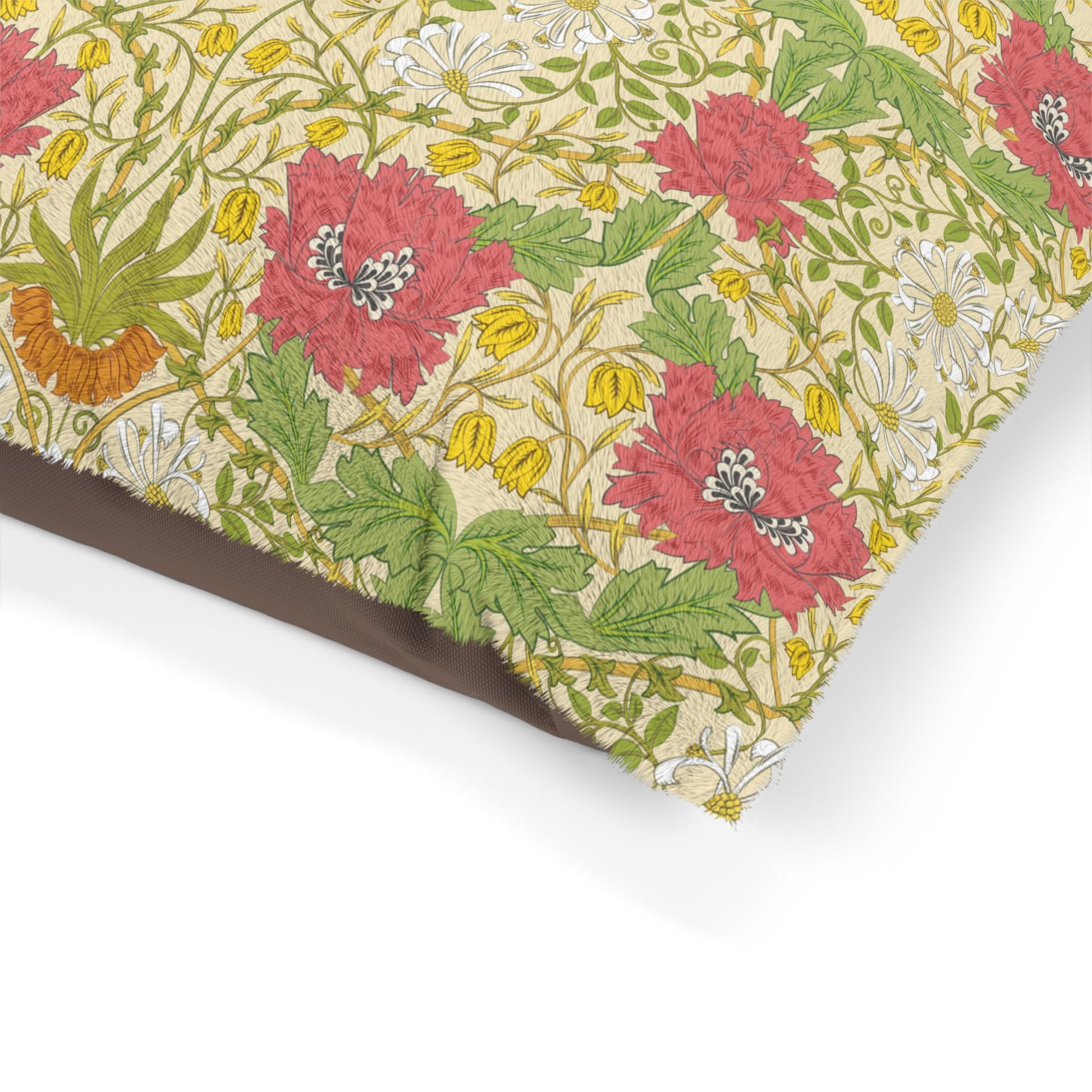 Floral patterned fabric with pink flowers and green leaves on a beige background