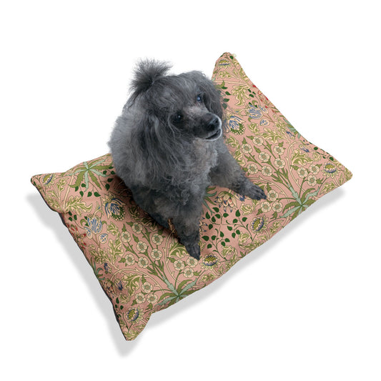 Dog sitting on a William Morris & Co patterned pillow with a white background