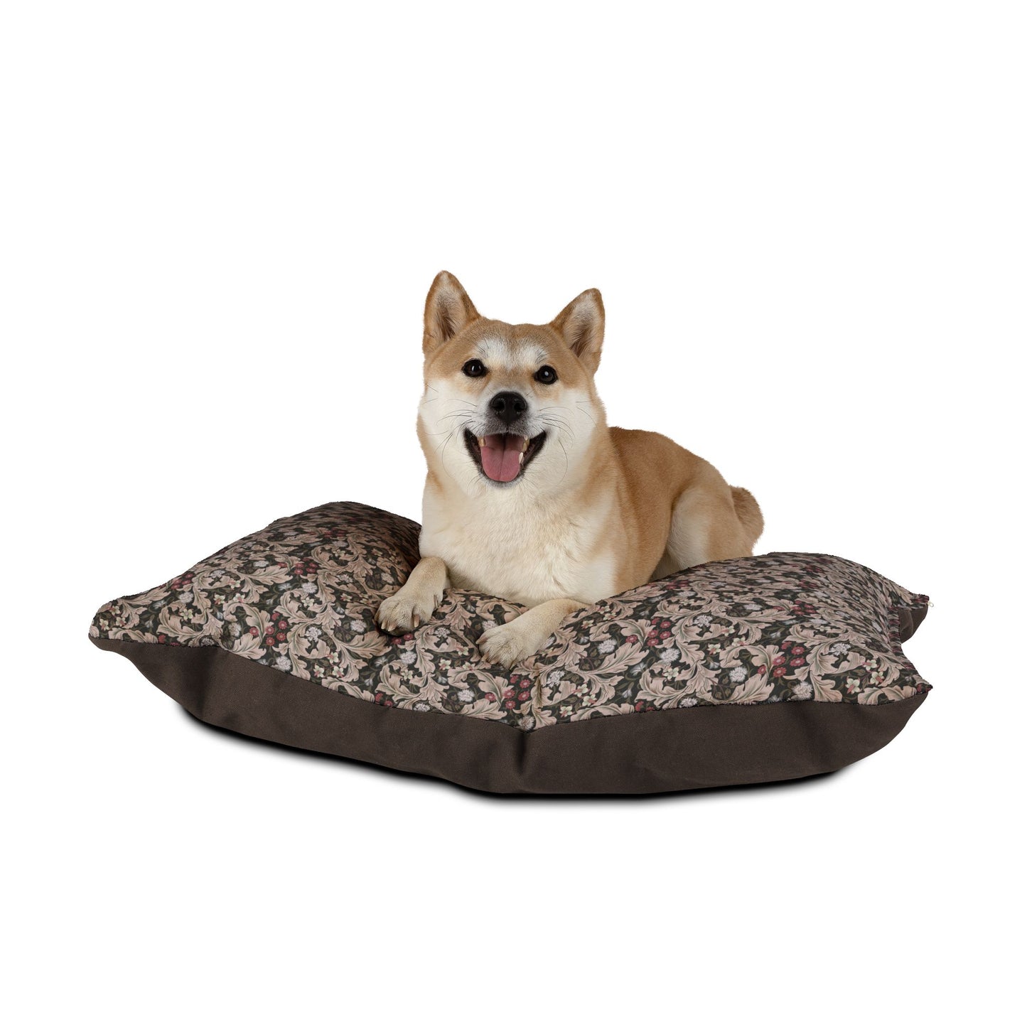 Dog lying on a floral-patterned dog bed with a white background