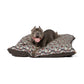 Dog lying on a floral-patterned dog bed with a white background